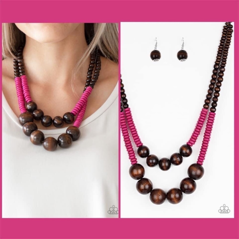 Pink and Brown Wooden Necklace Set